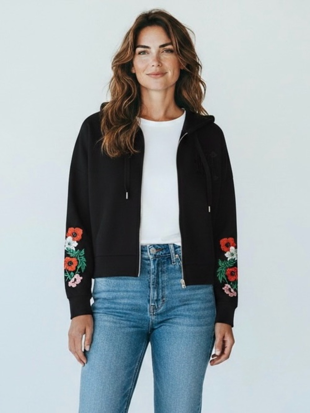 Maje Black Zip Hoodie with Red & Pink Floral Embroidery
